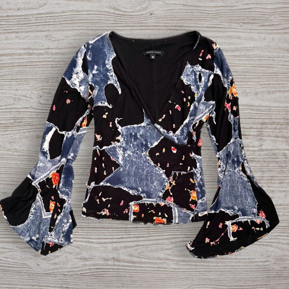 Tempo Paris Boho Patchwork Bell Sleeve Top Black Denim Print Floral Y2K Retro M